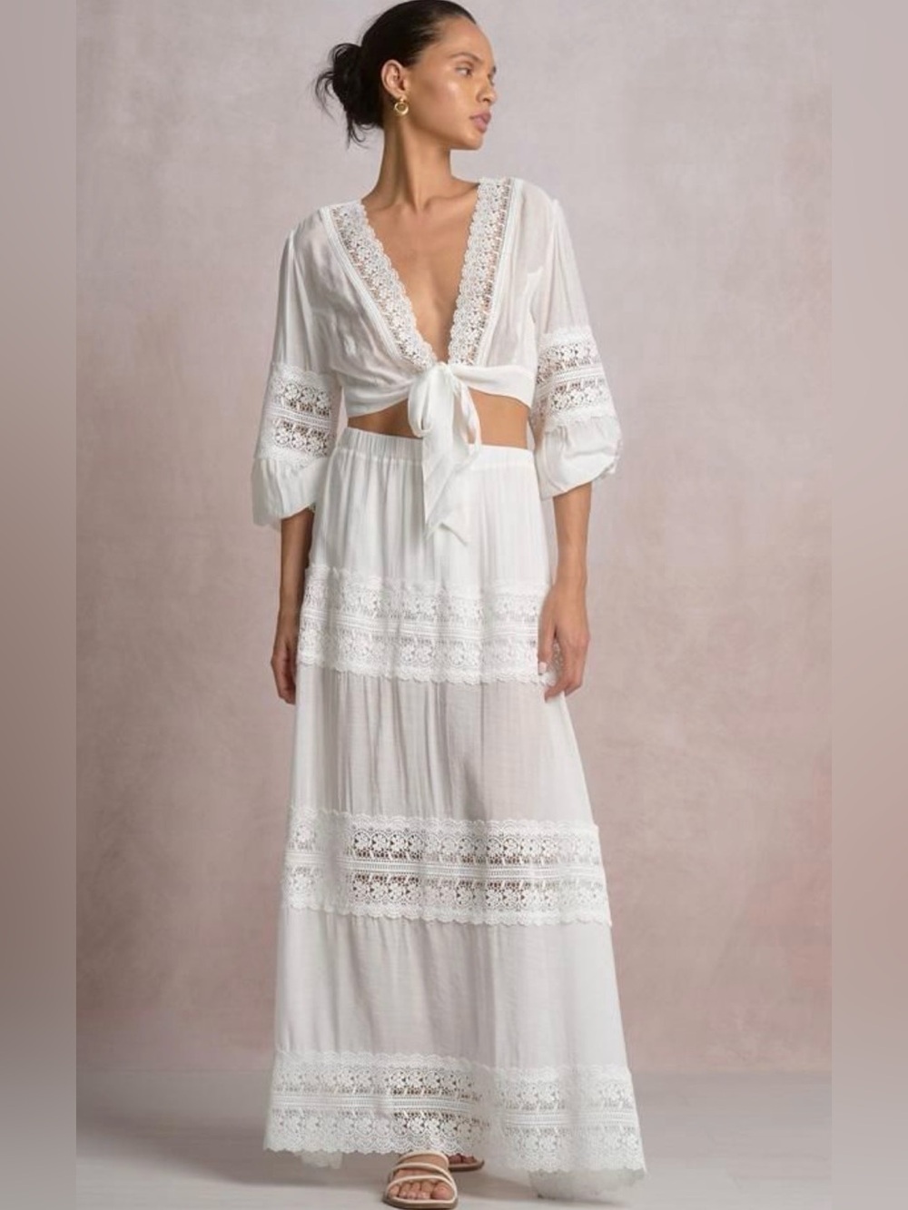 NWT Elan White Lace-Trim Maxi Skirt